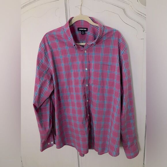Lands’ End Men’s Long Sleeve Pink/Blue Plaid Pattern Button Down Shirt Size XL - Picture 1 of 4
